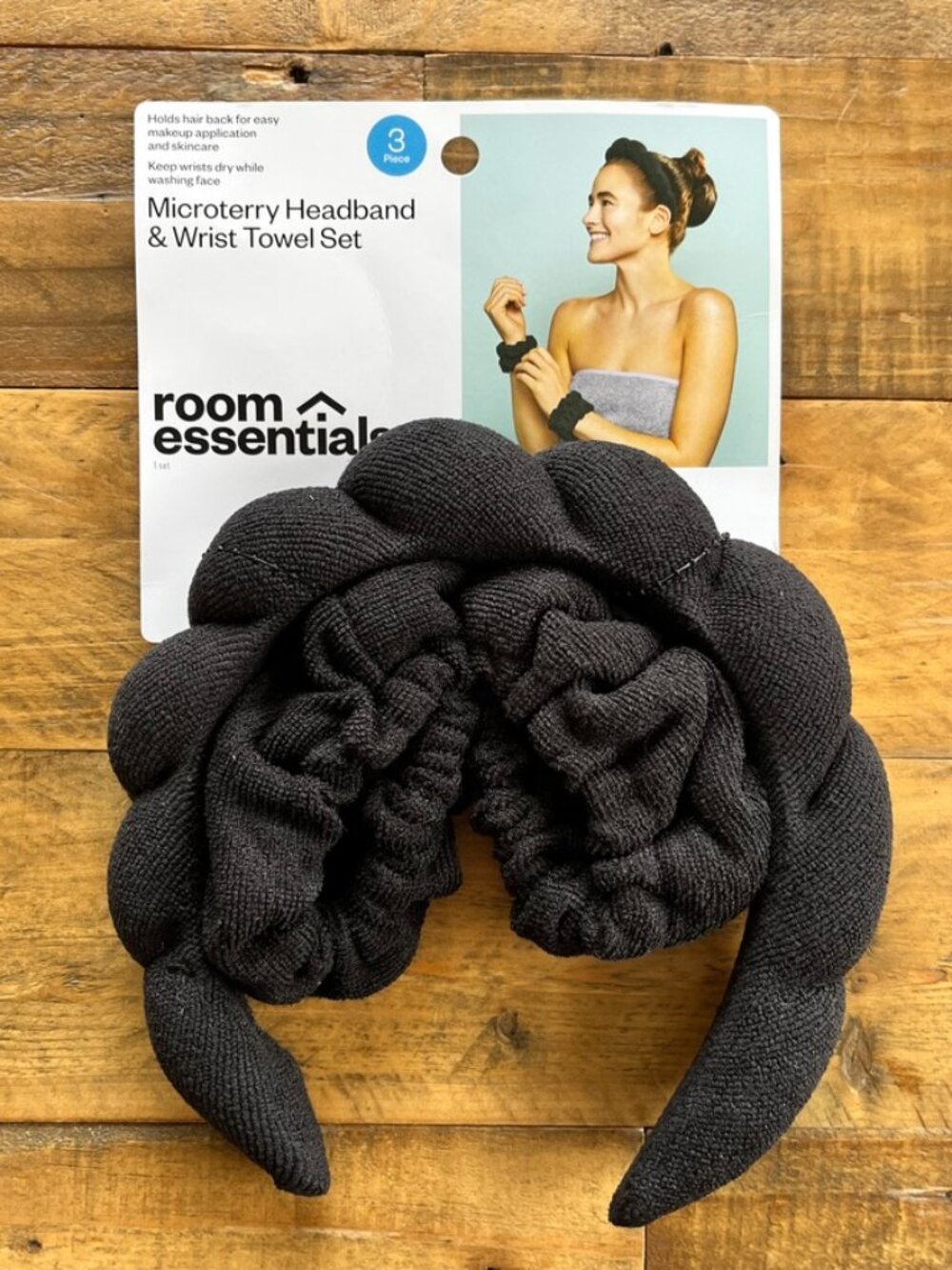 NWT Room Essentials Black Microterry Headband and Wristbands Set
